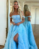 Blue A-Line Off The Shoulder Tiered Long Prom Dress With Slit