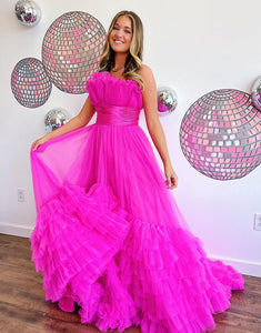 Fuchsia A-Line Strapless Off The Shoulder Tiered Long Prom Dress