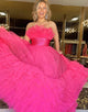 Fuchsia A-Line Strapless Off The Shoulder Tiered Long Prom Dress