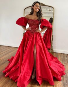 Red A-Line Strapless Off The Shoulder Long Prom Dress With Puffy