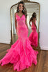Hot Pink Mermaid Spaghetti Straps Long Glitter Prom Dress With Ruffles