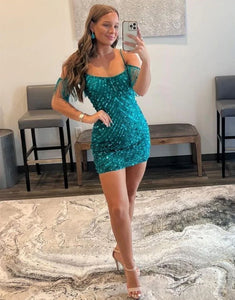 Turquoise Tight Short Sparkly Homecoming Dress with Fringes