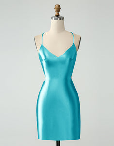 Bodycon Spaghetti Straps Satin Homecoing Dress with Criss Cross Back