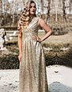 Gold V Neck Sequin Prom Bridesmaid