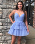 Blue Spaghetti Straps A-Line Tiered Mini Homecoming Dress
