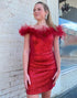 Red Sparkly Off the Shoulder Homecoming Dress With Feathers