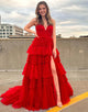 Red Tulle Tiered Spaghetti Straps Long Prom Dress with Slit