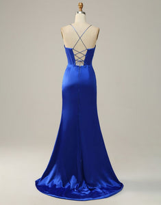Royal Blue Spaghetti Straps Satin Mermaid Prom Dress with Slit