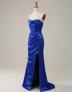 Royal Blue Spaghetti Straps Satin Mermaid Prom Dress with Slit