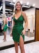 Green Spaghetti Straps V Neck Homecoming Dress With Criss Cross Back