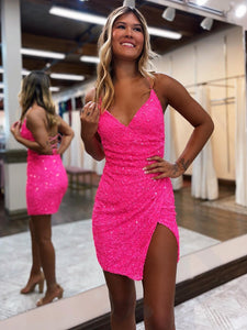 Hot Pink Spaghetti Straps V Neck Homecoming Dress With Criss Cross Back