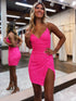 Hot Pink Spaghetti Straps V Neck Homecoming Dress With Criss Cross Back
