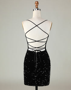Black Spaghetti Straps Sequin Homecoming Dress With Criss Cross Back