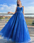 Royal Blue Sparkly A Line Spaghetti Straps Long Prom Dress