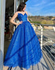 Royal Blue Sparkly A Line Spaghetti Straps Long Prom Dress