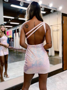 Ligth Pink One Shoulder Sequin Bodycon Homecoming Dress