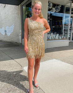 Golden Sequins One Shoulder Fringe Homecoming Dress