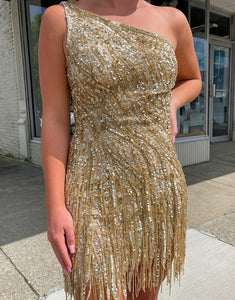 Golden Sequins One Shoulder Fringe Homecoming Dress