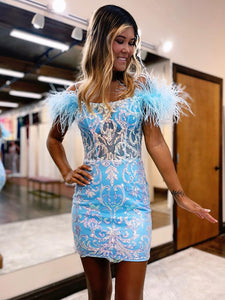 Light Blue Cold Shoulder Sequin Homecoming Dress With Feathers
