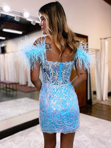 Light Blue Cold Shoulder Sequin Homecoming Dress With Feathers
