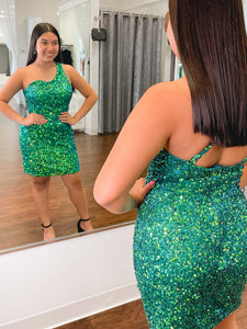 One Shoulder Green Sequins Homecoming Dress