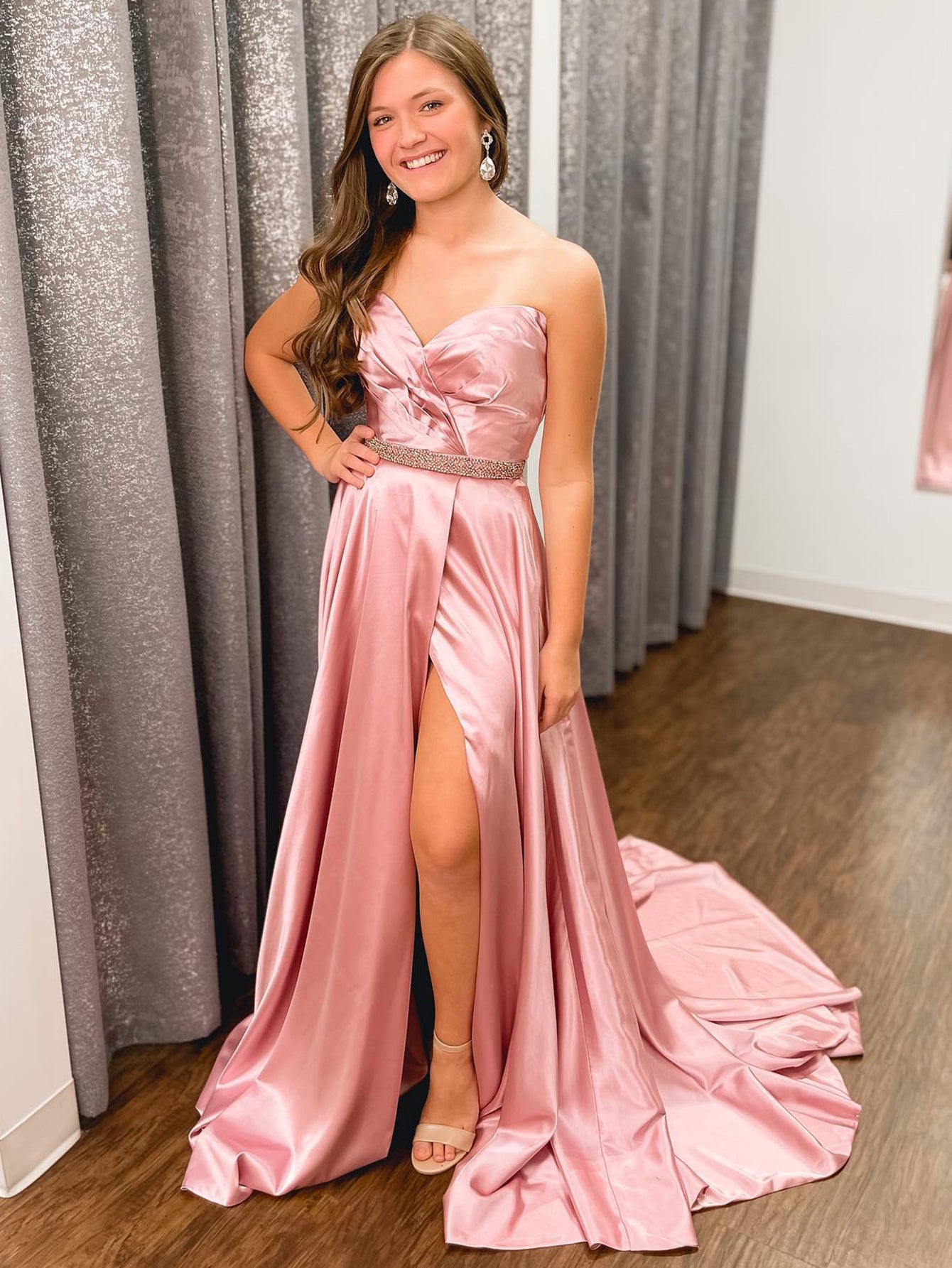 Dressself Women Light Pink Prom Dress Sweetheart Satin Formal Dress With Slit Dressself Women Light Pink Prom Dress Sweetheart Satin Formal Dress With Slit