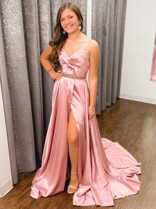 Light Pink A Line Sweetheart Satin Long Prom Dress