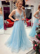 Light Blue Sparkly A Line Spaghetti Straps Long Prom Dress