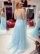 Light Blue Sparkly A Line Spaghetti Straps Long Prom Dress