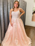 Light Pink A Line Spaghetti Straps Long Prom Dress With Appliques