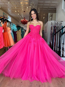 Hot Pink A Line Sweetheart Long Prom Dress With Appliques