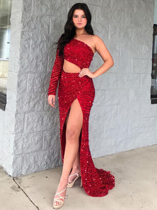 Red One Shoulder Long Sleeves Mermaid Sequins Long Prom Dress