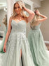 Light Green A Line Sweetheart Long Prom Dress With Appliques