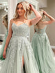 Light Green A Line Sweetheart Long Prom Dress With Appliques