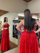 Red A Line Halter Long Prom Dress With Appliques