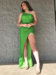 Green One Shoulder Long Prom Dress