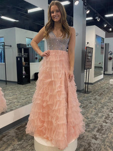Blush V Neck A Line Long Prom Dress With Beading