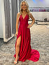 Red V Neck A Line Spaghetti Straps Long Prom Dress