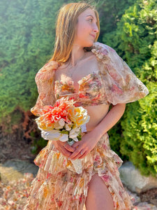Blush Square Neck A Line 2 Piece Flower Long Prom Dress