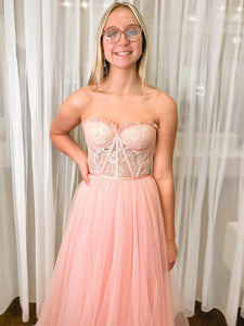 Blush Strapless Lace A Line Long Prom Dress