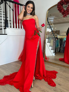 Red Strapless Mermaid Long Prom Dress
