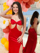 Red Cut Out Spaghetti Straps Long Prom Dress