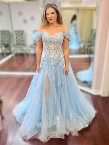 Light Blue A Line Off The Shoulder Appliques Prom Dress With Feathers