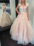 Blush A Line Deep V Neck Appliques Prom Dress With Feathers