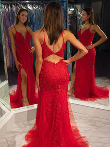 Red Mermaid Spaghetti Straps Prom Dress With Appliques