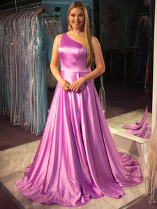 Purple A Line One Shoulder Satin Prom Dress