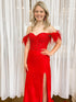 Red Off the Shoulder Prom Dress With Feathers