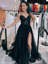 Black Spaghetti Straps A Line Sparkly Long Prom Dress