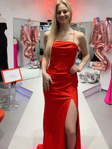 Red Halter Mermaid Prom Dress With Slit