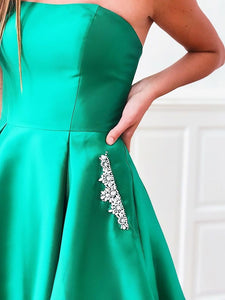 Green Strapless A Line Satin Homecoming Dress